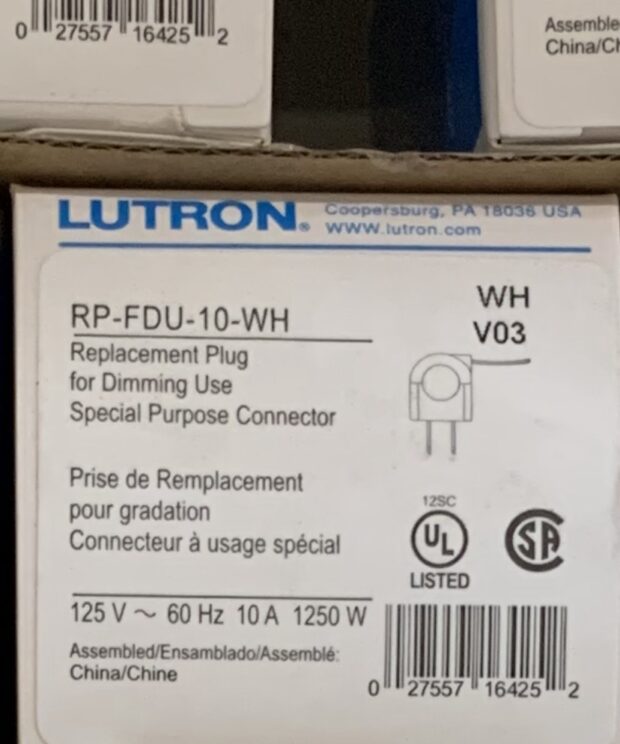 Lutron Cord Plug Replacement RP-FDU-10-WH