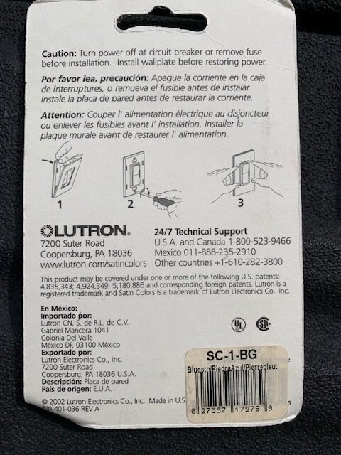 Lutron Satin Color Trim Plate 1 Gang Blue Stone SC-1-BG