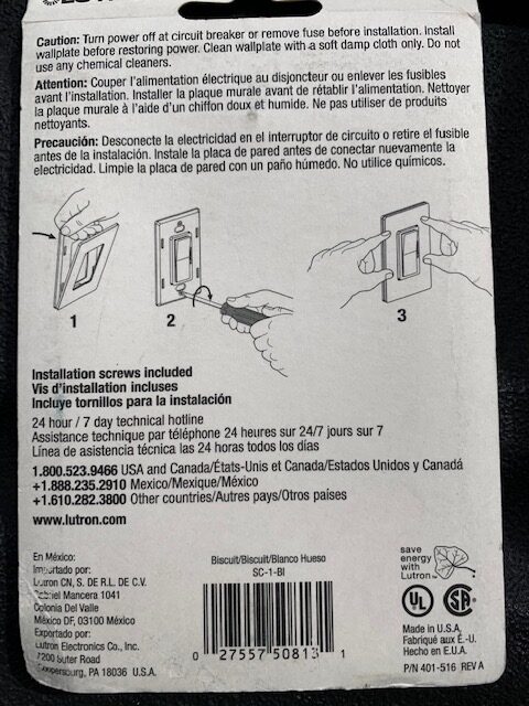Lutron Satin Color Trim Plate 1 Gang Biscuit SC-1-BI