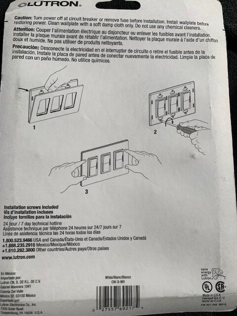 Lutron Gloss White 3 Gang Trim Plate CW-3-WH