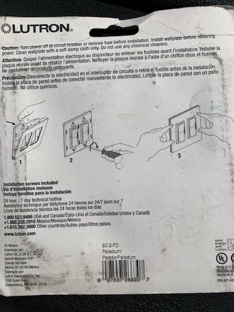 Lutron Satin Color Screwless Trim Plate SC-2-PD Palladium