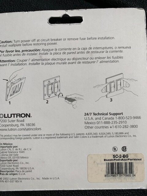 Lutron Satin Color 2 Gang Screwless Trim Plate SC-2-BG Bluestone