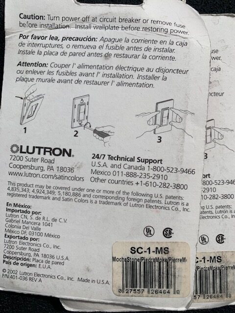 Lutron Satin Color Trim Plate 1 Gang SC-1-MS Mocha Stone