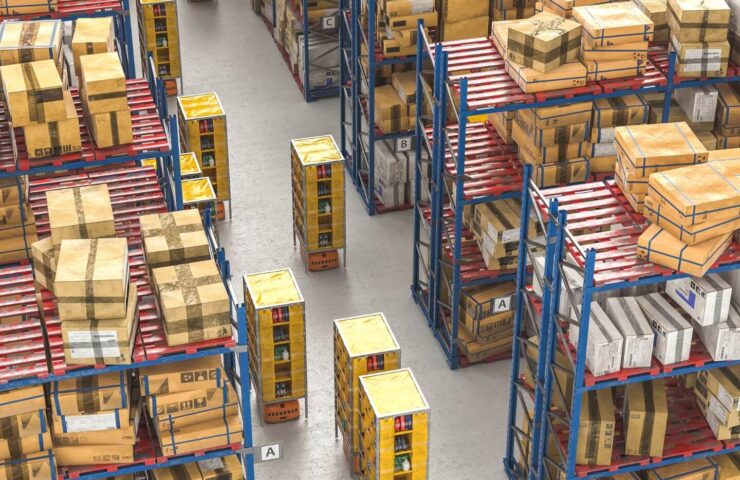areal view of warehouse with shelving and boxes of old inventory