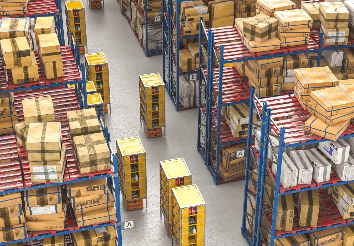 areal view of warehouse with shelving and boxes of old inventory