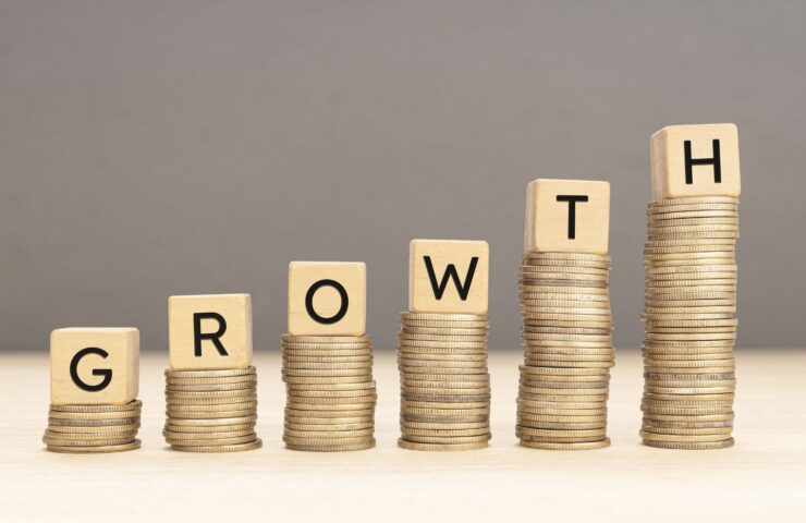 piles of coins increasing in size from left to right, with the letters G-R-O-W-T-H on top of each