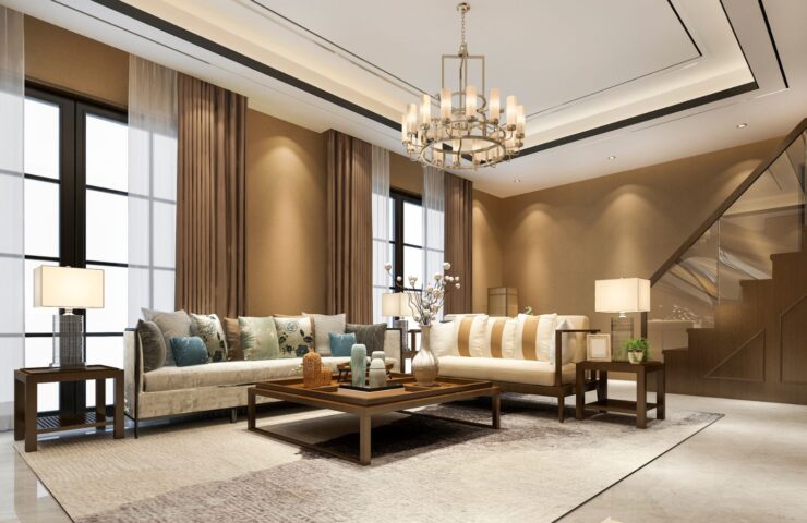 a living room with a chandelier and couches